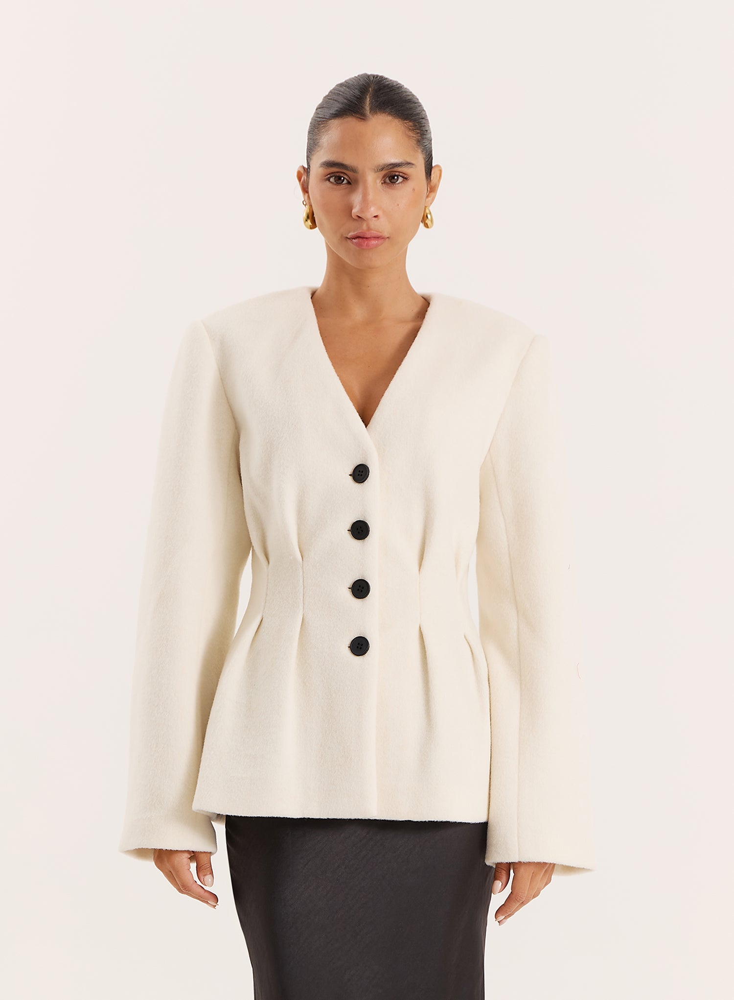 Cream Tailored Cinched Waist Wool Blend Blazer